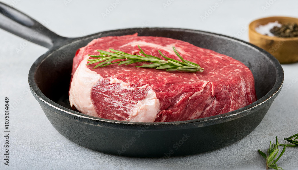 Raw marbled beef in skillet. Tasty fresh meat. Delicious food. Cooking and culinary concept. Raw marbled beef in skillet. Tasty fresh meat. Delicious food. Cooking and culinary concept.