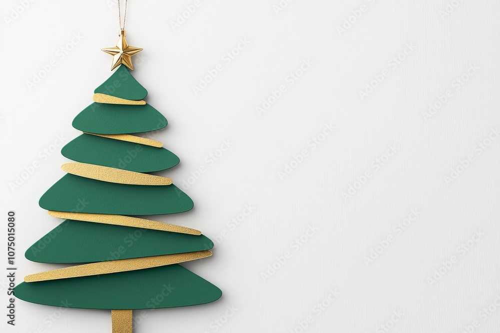 A decorative green Christmas tree made of layered materials, adorned with a golden ribbon, set against a plain white background. A decorative green Christmas tree made of layered materials, adorned with a golden ribbon, set against a plain white background.