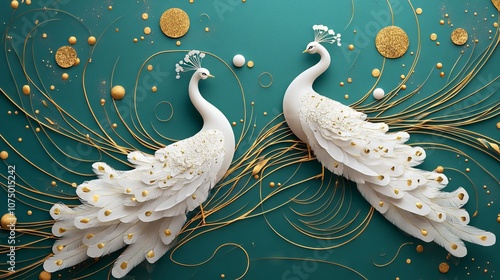 3D Luxury Wallpaper with White Peacocks and Gold Lines on Teal Background. AI generated illustration