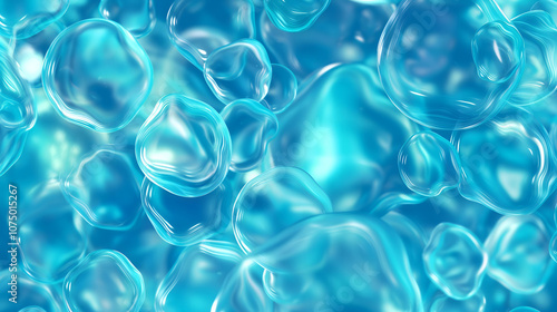 Abstract image of soft blue bubbles with smooth, wavy edges floating in a fluid environment, perfect for science backgrounds, technology designs, or projects emphasizing freshness, fluidity,