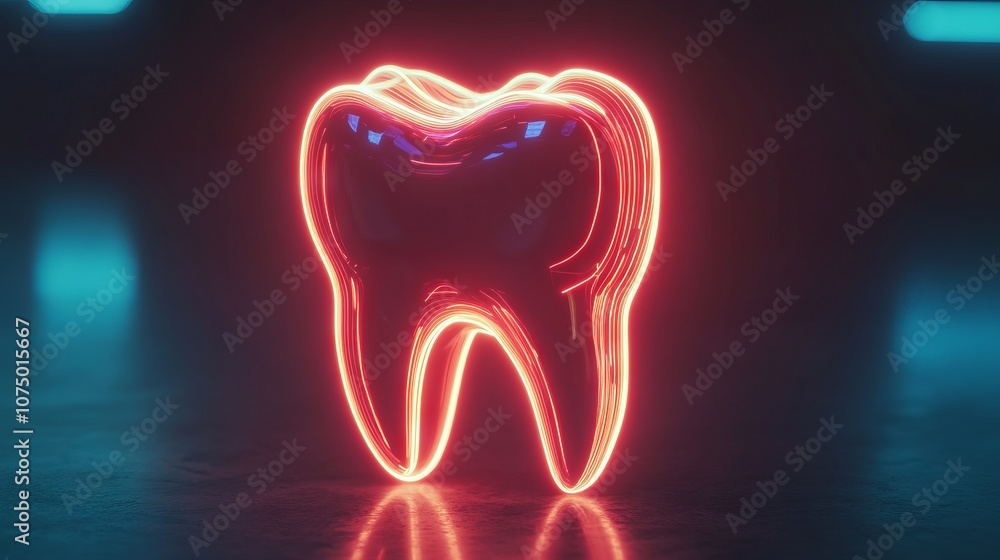 Futuristic Tooth Hologram with Neon Glow on a Dark Background. AI generated illustration Futuristic Tooth Hologram with Neon Glow on a Dark Background. AI generated illustration