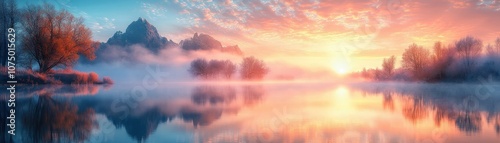 Stunning Sunrise Over Misty Lake with Reflections of Mountains and Trees in Vibrant Colors