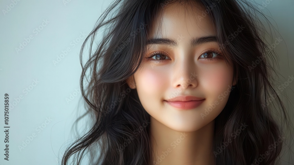 cheerful portrait of a smiling asian woman in casual attire, radiating positivity, with long black hair and a bright demeanor, set against a clean white background that enhances her joyful expression cheerful portrait of a smiling asian woman in casual attire, radiating positivity, with long black hair and a bright demeanor, set against a clean white background that enhances her joyful expression