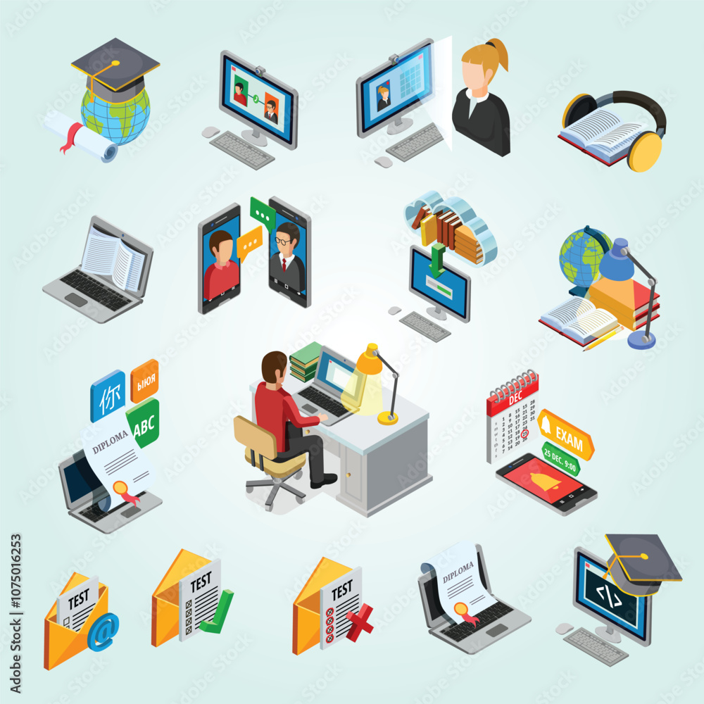 e-learning isometric icons set e-learning isometric icons set