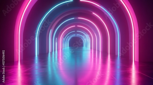 Neon Glowing Arches in a Futuristic Abstract Scene with Vibrant Colors. AI generated illustration