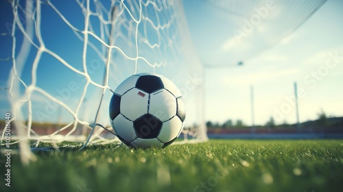A photo of a soccer ball in the corner of a goal