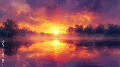 Stunning Sunset Over Tranquil Lake with Vibrant Sky and Reflective Water Creating a Serene and Picturesque Landscape