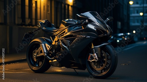 A photo of a sportbike parked in an urban setting