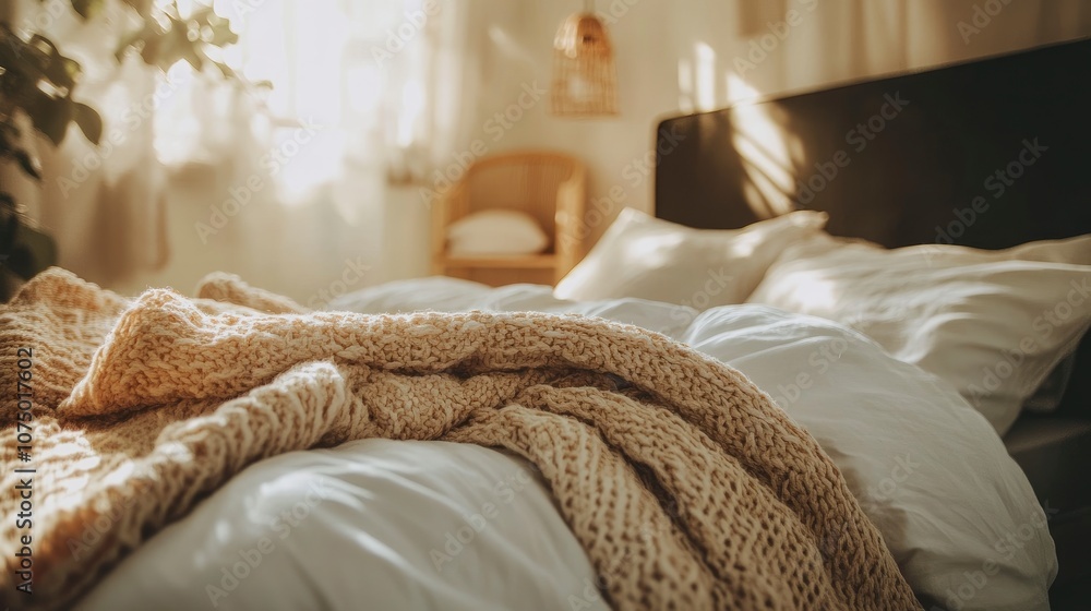 Cozy Knit Blanket on a Bed with Morning Sunlight Cozy Knit Blanket on a Bed with Morning Sunlight