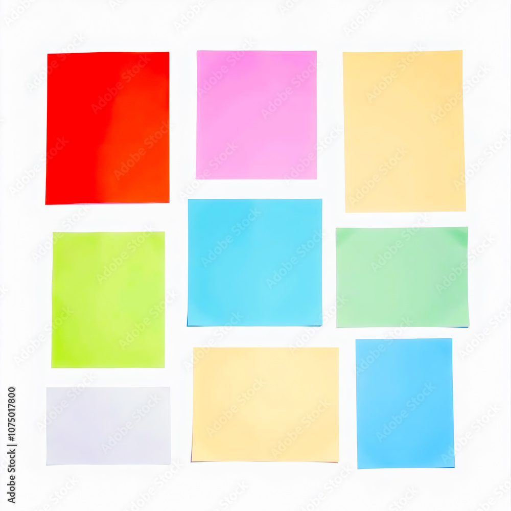 Nine colorful squares of paper arranged on a white background. Nine colorful squares of paper arranged on a white background.