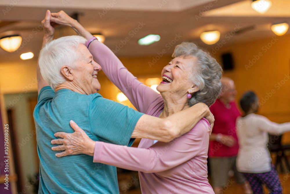 Joyful Elderly Couple Dancing Together at a Community Center Event Joyful Elderly Couple Dancing Together at a Community Center Event