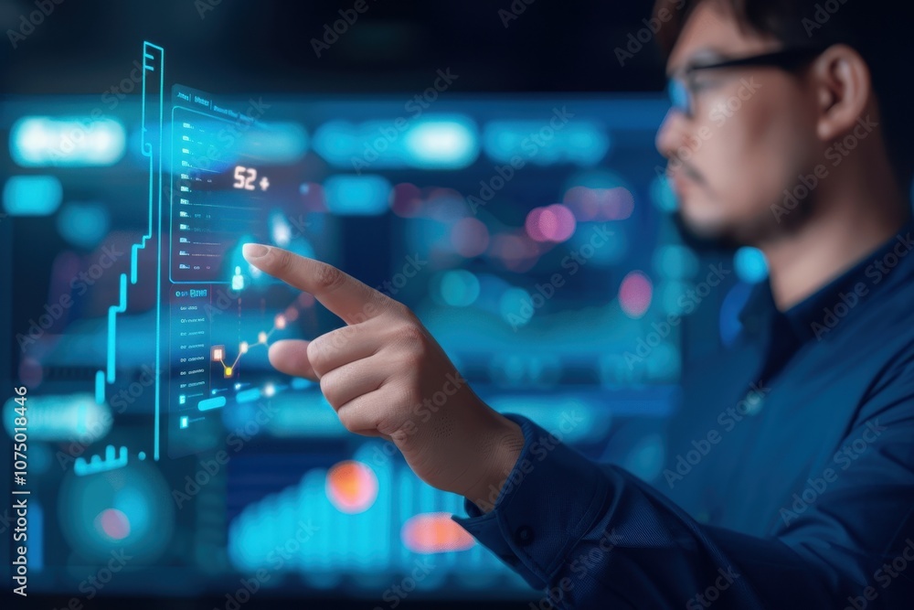 Business analyst interacting with futuristic digital interface displaying data analytics Business analyst interacting with futuristic digital interface displaying data analytics