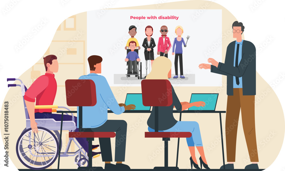 Disability sensitivity workshop at office for disability awareness training at workplace employees round table meeting discussion with disables presentation. employees in a round-table discussion . Disability sensitivity workshop at office for disability awareness training at workplace employees round table meeting discussion with disables presentation. employees in a round-table discussion .