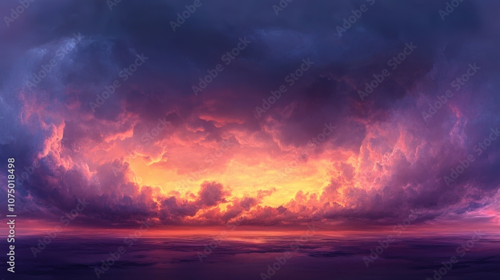 Majestic Sunset Over Serene Ocean Waters with Dramatic Clouds Illuminated by Fiery Hues of Orange, Pink, and Purple in a Twilight Sky Majestic Sunset Over Serene Ocean Waters with Dramatic Clouds Illuminated by Fiery Hues of Orange, Pink, and Purple in a Twilight Sky