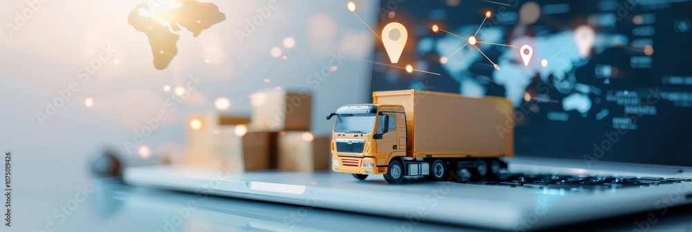 Obraz premium Logistics and Supply Chain Concept with Delivery Truck on Laptop and Location Pins on World Map Background