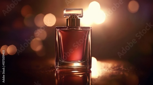 Elegant perfume bottle with rich amber liquid, glowing softly against a blurred bokeh background, creating a warm and inviting atmosphere for fragrance lovers.