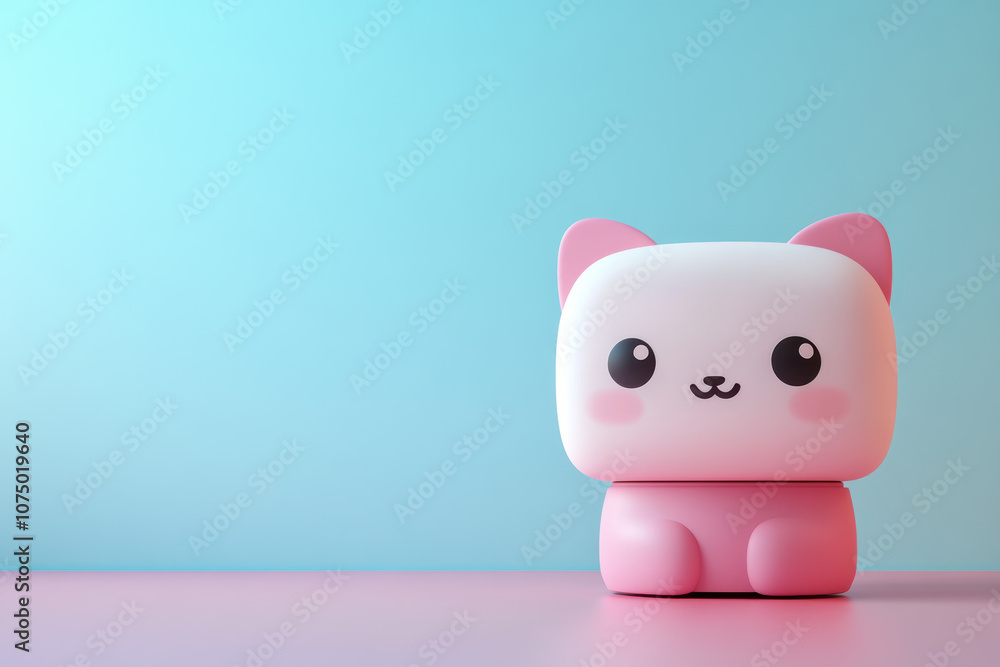 Adorable pink and white cat figurine with rosy cheeks sitting on a pink surface against a blue background. Perfect for cute, playful, and minimal design themes. Adorable pink and white cat figurine with rosy cheeks sitting on a pink surface against a blue background. Perfect for cute, playful, and minimal design themes.