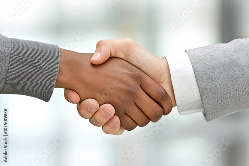 Two business people shaking hands in office setting, symbolizing professional agreement