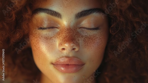 close-up of a mixed-race woman's face highlighting her freckles, with her eyes gently closed, creating an intimate and serene portrait that captures natural beauty and authenticity