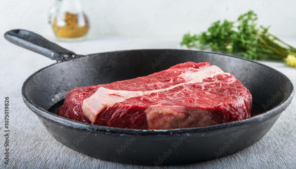 Raw marbled beef in skillet. Tasty fresh meat. Delicious food. Cooking and culinary concept. Raw marbled beef in skillet. Tasty fresh meat. Delicious food. Cooking and culinary concept.