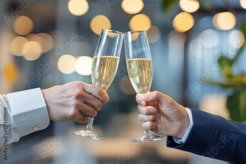 Close-up of two hands clinking champagne glasses filled with bubbly, symbolizing celebration, success, or special occasion in an elegant setting.