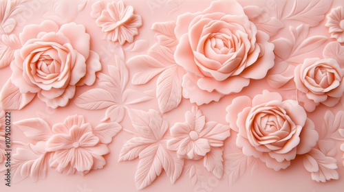 A soft pink backdrop features intricately carved rose flowers and delicate leaves, creating a charming and romantic floral design.
