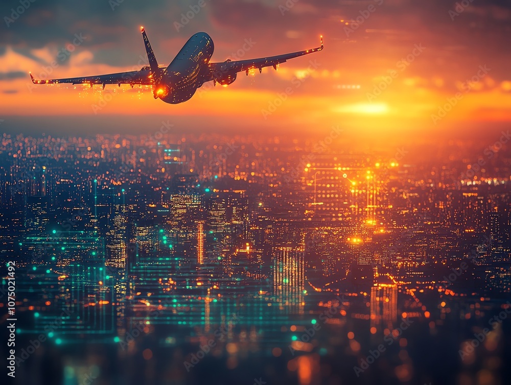 Airplane taking off over a city at sunset with a futuristic digital overlay. Airplane taking off over a city at sunset with a futuristic digital overlay.