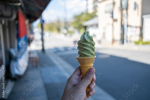 Obraz na płótnie Matcha green tea cone ice-cream w salonie