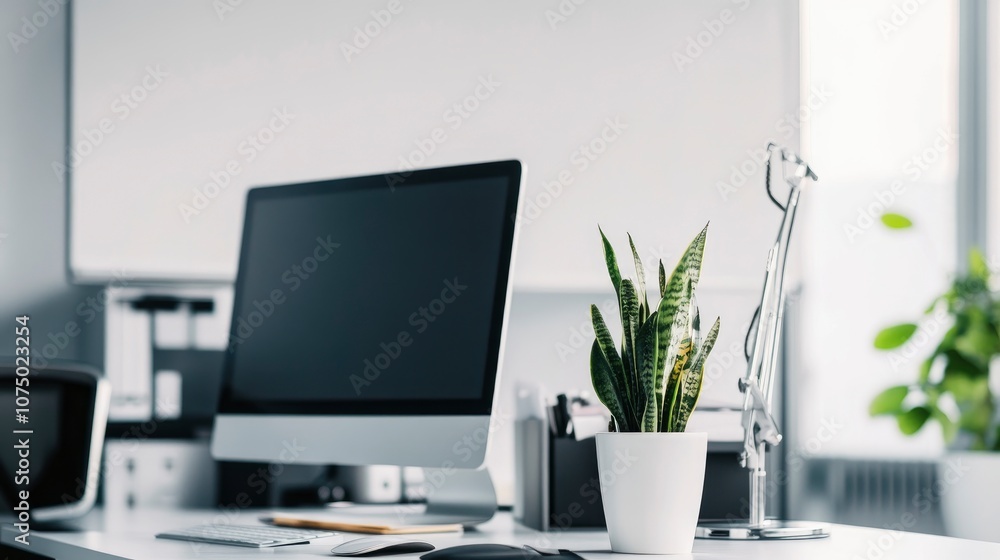 Obraz premium Modern White Office Desk with Computer, Plant, and Lamp