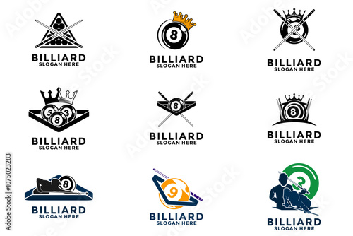 Set of Billiard logo design vector. Sport poolroom logo design. Billiards logo template collections