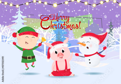 Merry Christmas greeting card design. Cute snowman, elf with jingle and pig in santa hat dancing. Snowy trees, lights and house in background. Template can be used for banners, posters, postcards