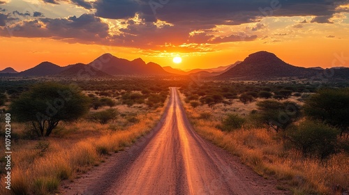 Desert highway at sunset through the open countryside