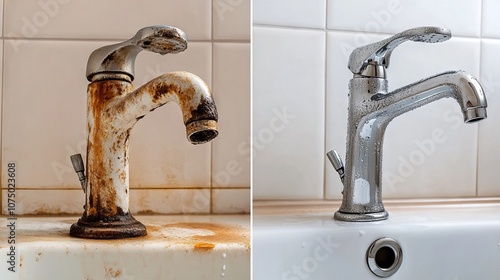 Before and After Cleaning: Transforming a Rusty Faucet to a Shiny Chrome Finish. AI generated illustration