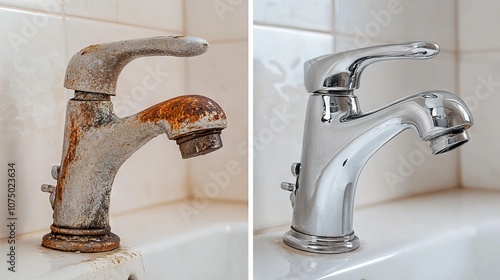 Before and After Cleaning: Transforming a Rusty Faucet to a Shiny Chrome Finish. AI generated illustration