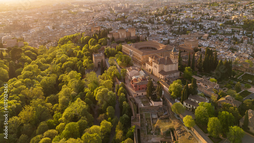 Aerial view of the historic Alhambra palace at sunset in Granada, Andalusia, Spain.