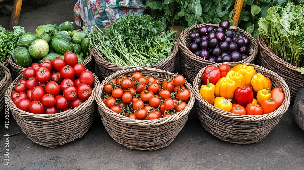 Assortment of Fresh Produce in Wicker Baskets at a Market Stall Assortment of Fresh Produce in Wicker Baskets at a Market Stall