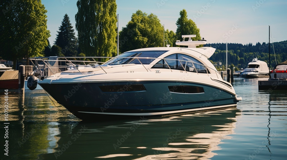 Obraz premium A photo of a stylish cabin cruiser docked