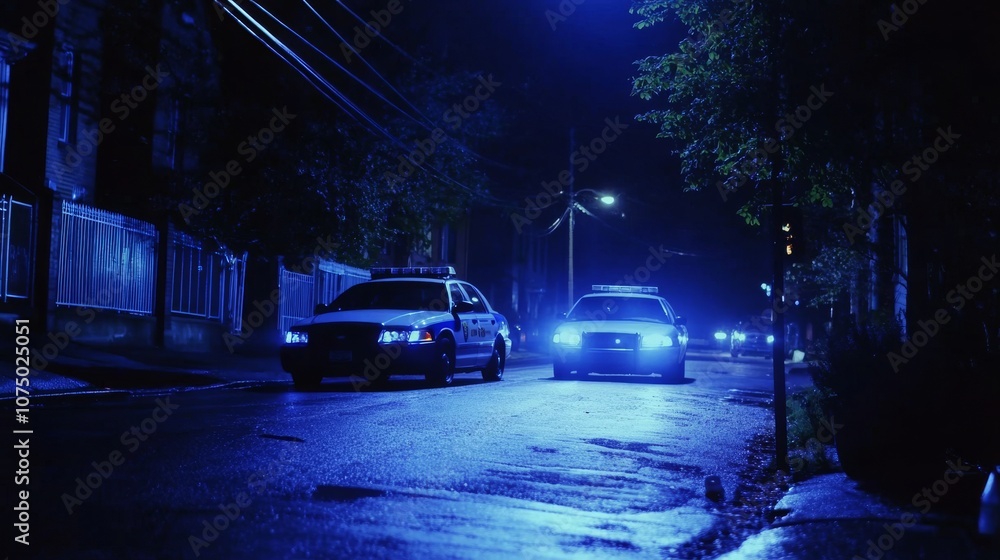 Obraz premium Nighttime crime investigation scene with flashing police cars, setting a dramatic backdrop for a movie intro.