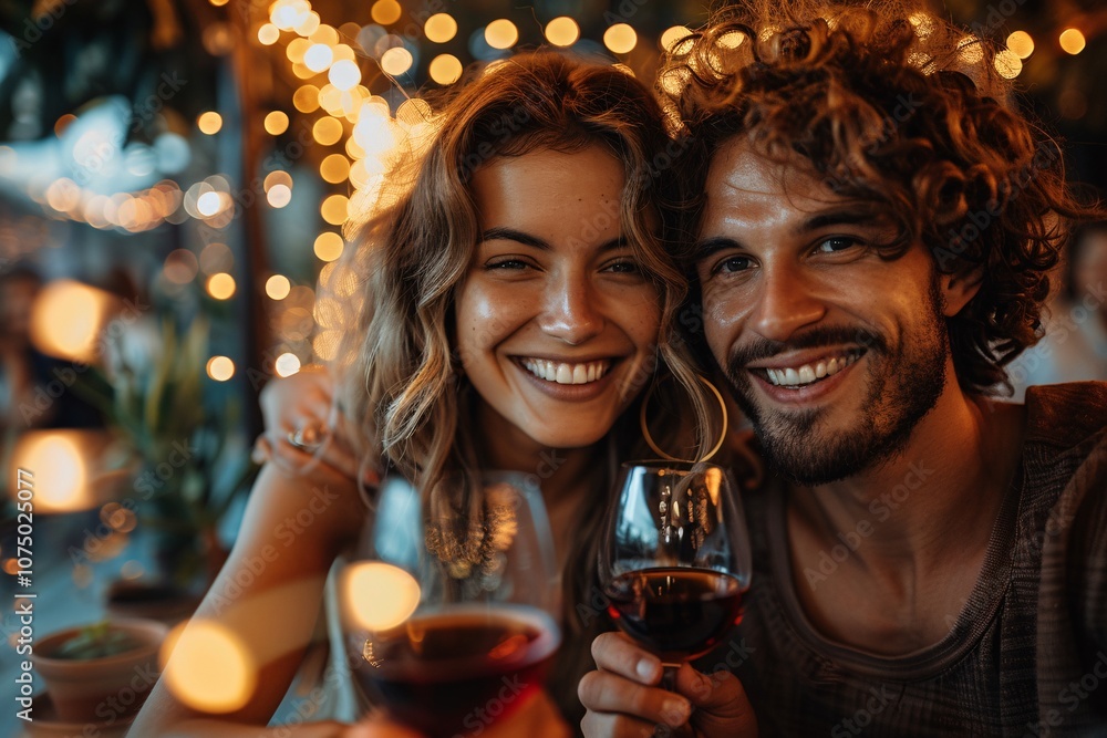 Two smiling individuals sit close together, each holding a glass of red wine, enjoying a warm evening atmosphere illuminated by soft, twinkling lights in the background Two smiling individuals sit close together, each holding a glass of red wine, enjoying a warm evening atmosphere illuminated by soft, twinkling lights in the background