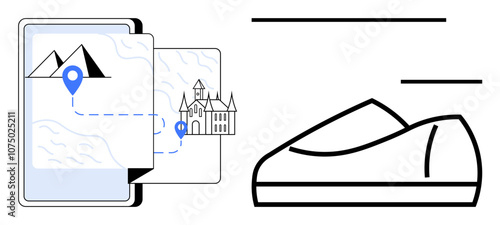 Map displayed on a mobile device with location pin at mountains and landmark, accompanied by a shoe icon. Ideal for travel apps, navigation systems, tourism, mobile services, landmarks, outdoor