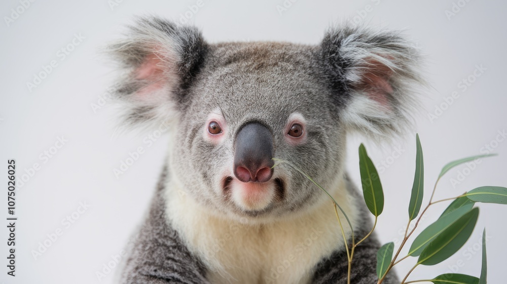 Obraz premium Close up portrait of a koala eating eucalyptus leaves.