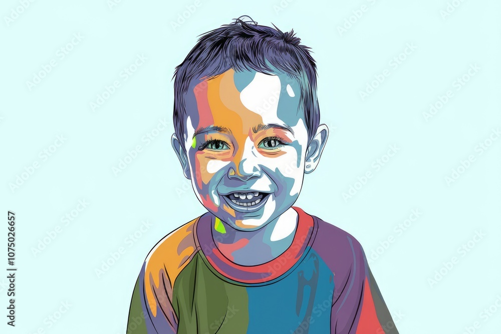 A young boy with a colorful shirt and bright eyes smiles. A young boy with a colorful shirt and bright eyes smiles.