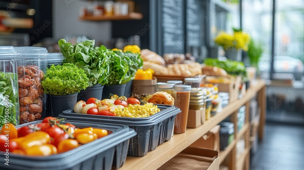 Fototapeta premium Colorful baskets filled with fresh vegetables, fruits, and baked goods are arranged neatly on wooden shelves in a vibrant market. The inviting atmosphere features natural light and greenery, perfect f