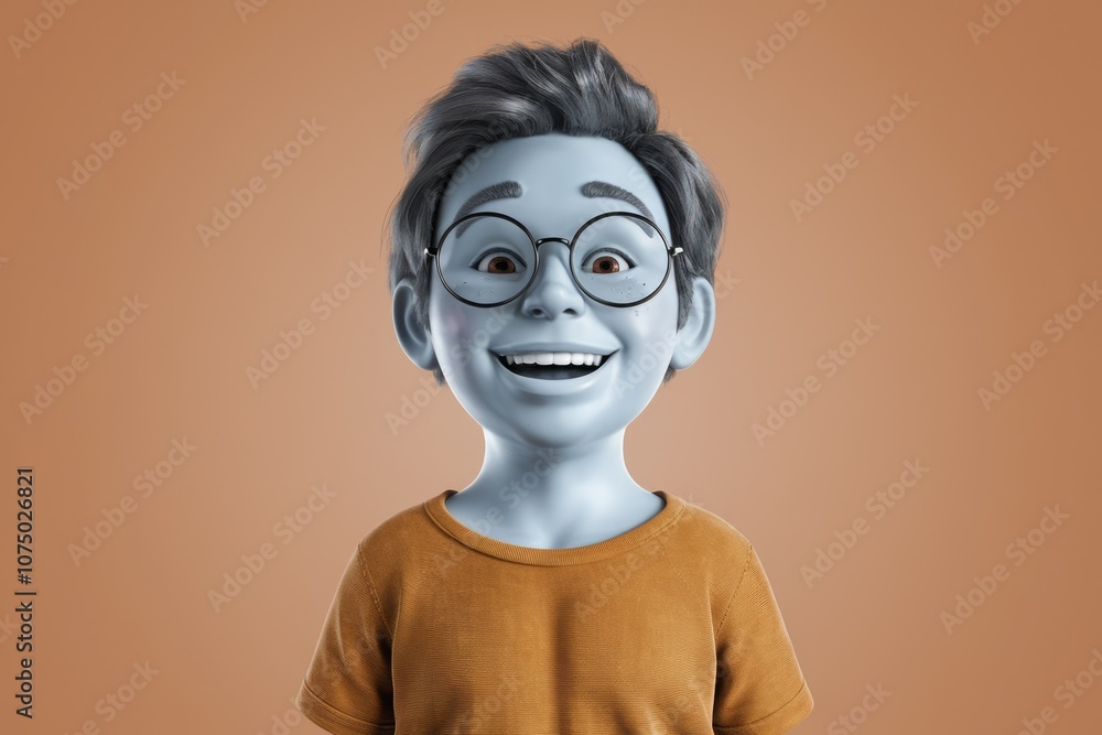 Smiling cartoon boy with blue skin wearing glasses and a yellow t shirt. Smiling cartoon boy with blue skin wearing glasses and a yellow t shirt.