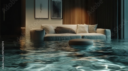 Wallpaper Mural A Modern Living Room Concept with Water-Submerged Floor. AI generated illustration Torontodigital.ca