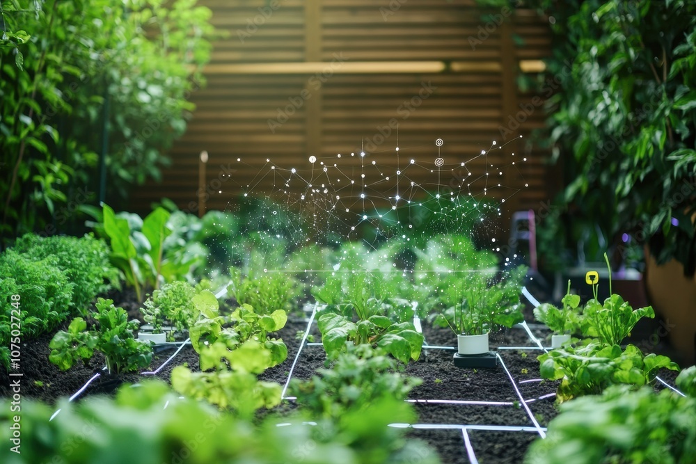 This smart garden is thriving with lush greens while automated sprinklers and soil sensors optimize plant care in a modern environment. Generative AI This smart garden is thriving with lush greens while automated sprinklers and soil sensors optimize plant care in a modern environment. Generative AI