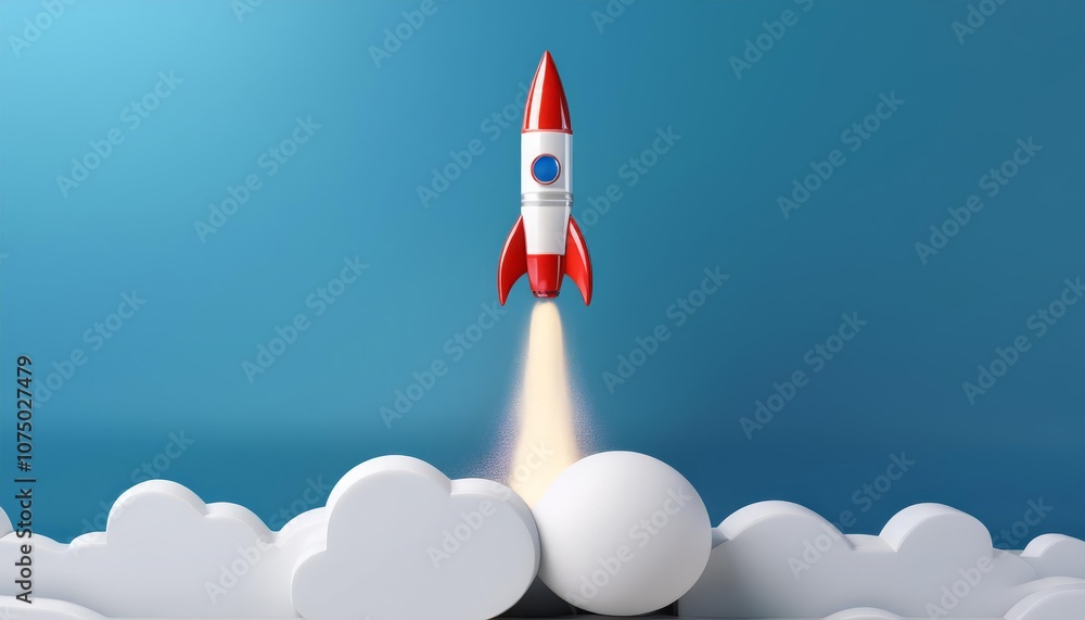 3D render rocket in white blank space with blue sky background 3D render rocket in white blank space with blue sky background