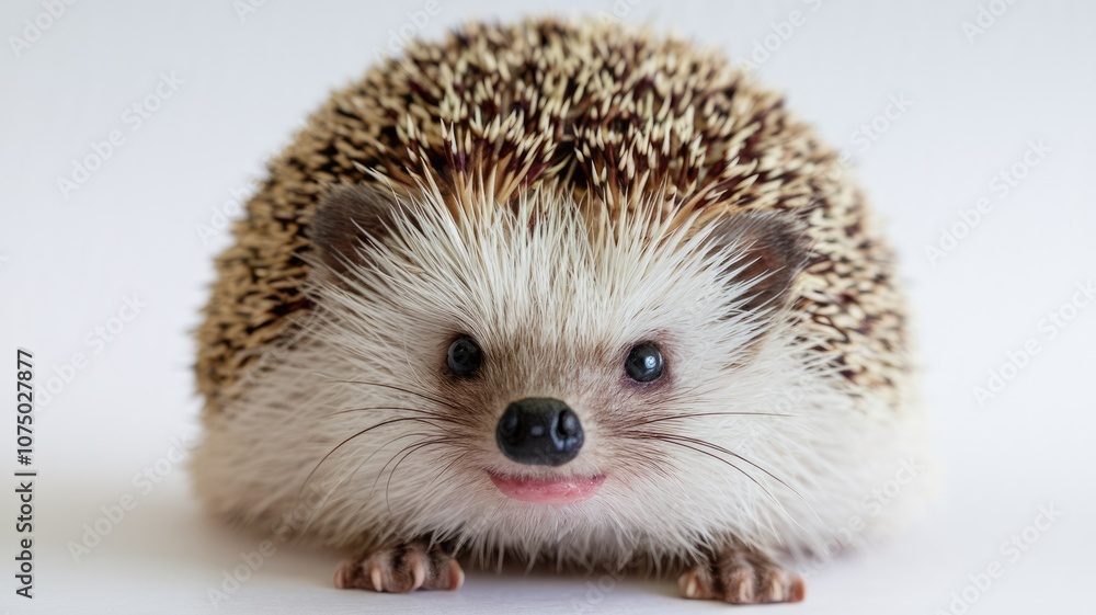 Fototapeta premium A cute hedgehog with brown and white quills looking at the camera.