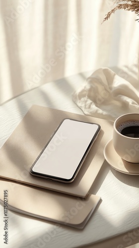 mobile phone mockup with sunlight on mobile phone mockup in cozy scene using mobile phone mockup for branding, Minimalistic workspace with coffee and phone.