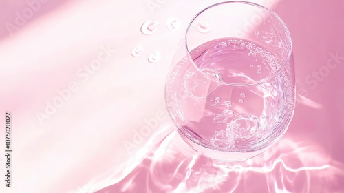 Refreshing water in a glass with pink hues.